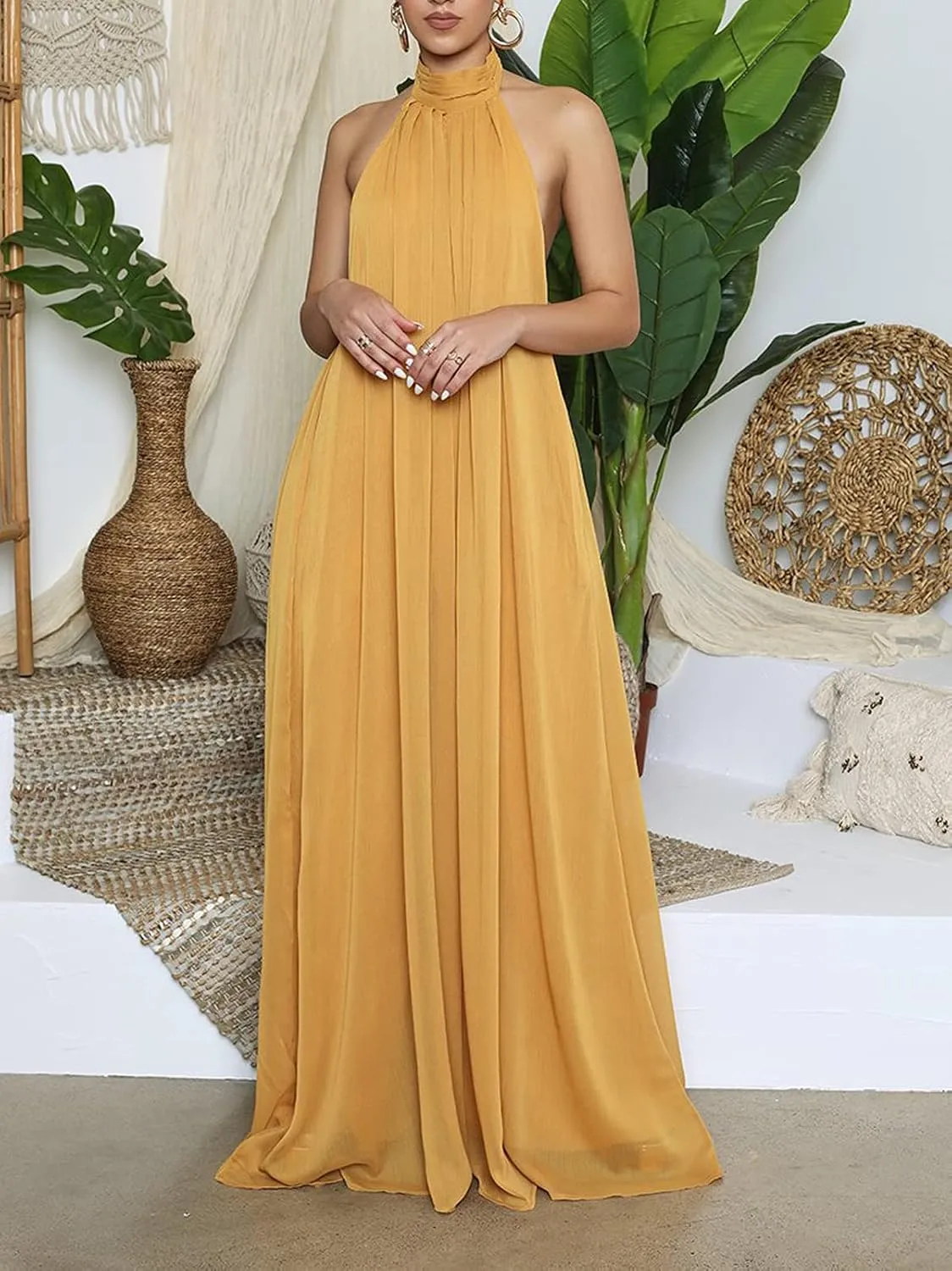 Ekaliy Women’s Sexy Summer Jumpsuit Halter Neck Sleeveless Chiffon Wide Leg Long Pant Jumpsuit Romper One Piece Outfits