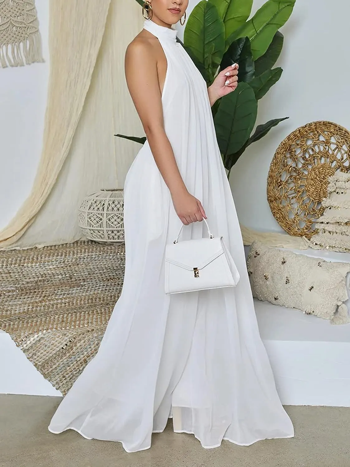 Ekaliy Women’s Sexy Summer Jumpsuit Halter Neck Sleeveless Chiffon Wide Leg Long Pant Jumpsuit Romper One Piece Outfits