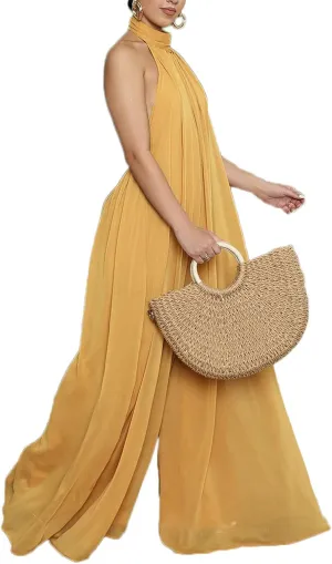 Ekaliy Women’s Sexy Summer Jumpsuit Halter Neck Sleeveless Chiffon Wide Leg Long Pant Jumpsuit Romper One Piece Outfits