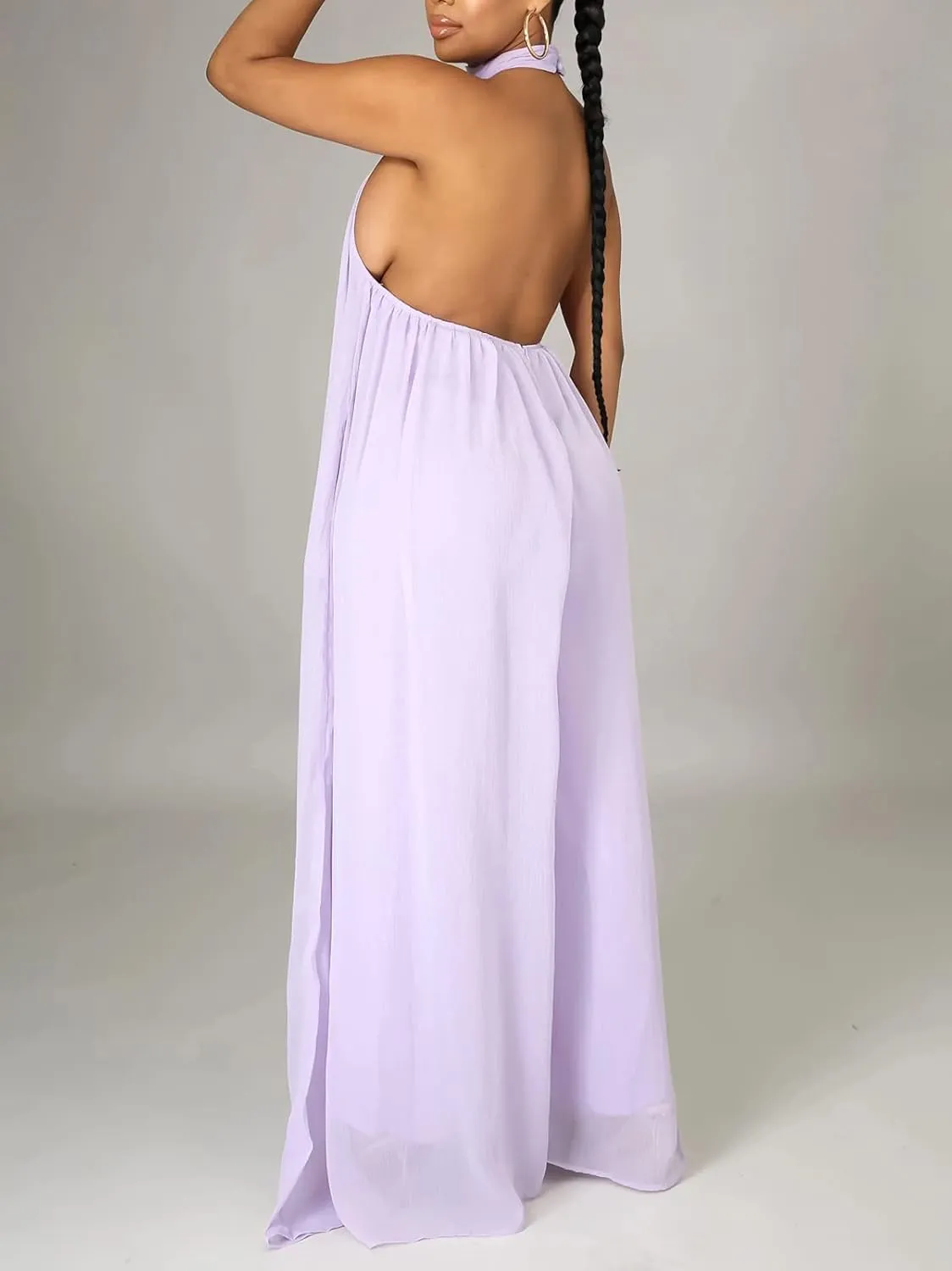 Ekaliy Women’s Sexy Summer Jumpsuit Halter Neck Sleeveless Chiffon Wide Leg Long Pant Jumpsuit Romper One Piece Outfits