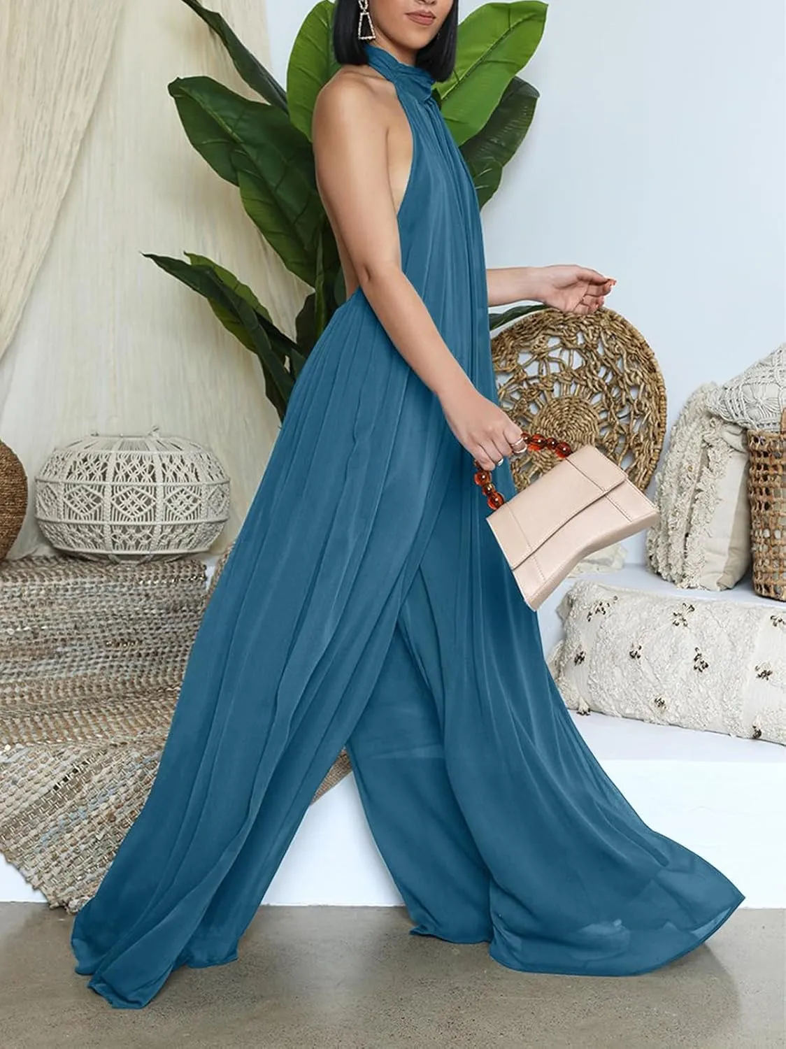 Ekaliy Women’s Sexy Summer Jumpsuit Halter Neck Sleeveless Chiffon Wide Leg Long Pant Jumpsuit Romper One Piece Outfits