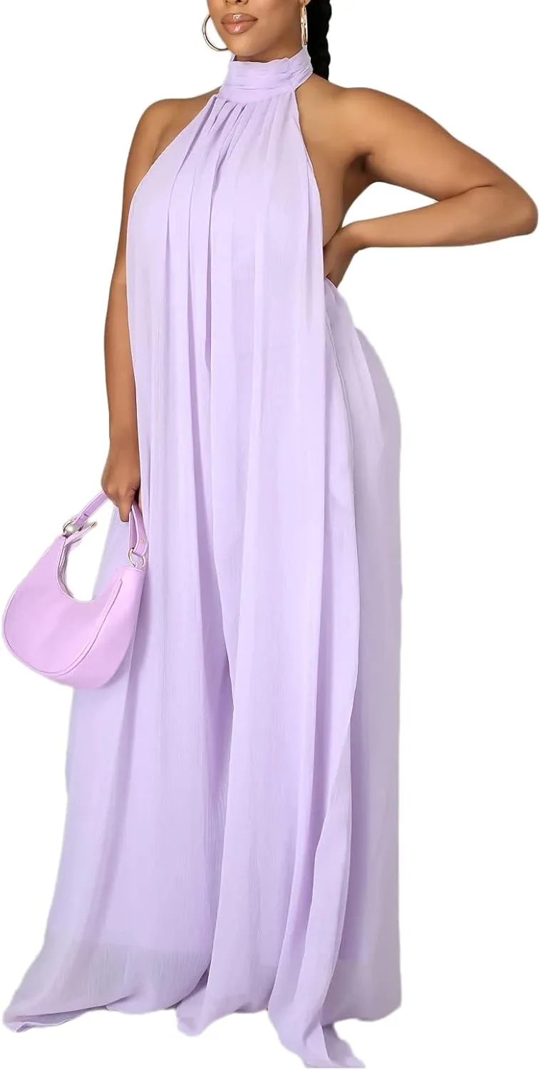 Ekaliy Women’s Sexy Summer Jumpsuit Halter Neck Sleeveless Chiffon Wide Leg Long Pant Jumpsuit Romper One Piece Outfits