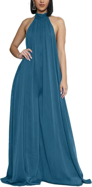 Ekaliy Women’s Sexy Summer Jumpsuit Halter Neck Sleeveless Chiffon Wide Leg Long Pant Jumpsuit Romper One Piece Outfits