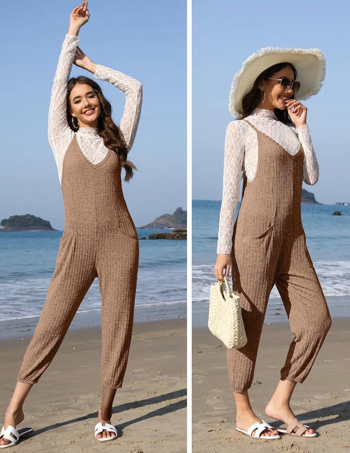 Ekouaer Jumpsuits for Women Sleeveless Spaghetti Strap Ribbed Overall Jumpsuit V Neck Summer Romper with Pockets 2025