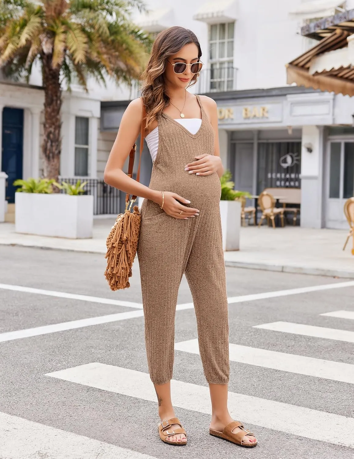 Ekouaer Jumpsuits for Women Sleeveless Spaghetti Strap Ribbed Overall Jumpsuit V Neck Summer Romper with Pockets 2025