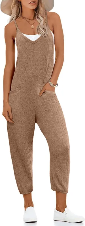 Ekouaer Jumpsuits for Women Sleeveless Spaghetti Strap Ribbed Overall Jumpsuit V Neck Summer Romper with Pockets 2025