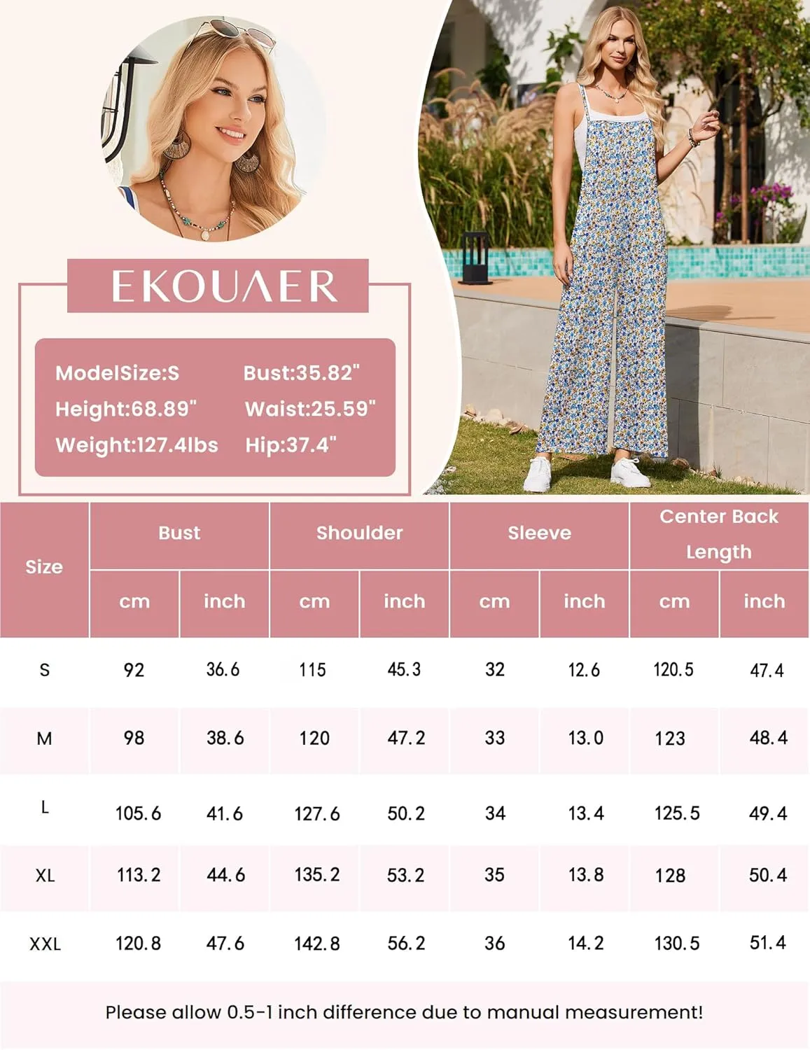 Ekouaer Womens Casual Sleeveless Jumpsuits Summer Boho Wide Leg Floral Rompers Overalls with Pockets