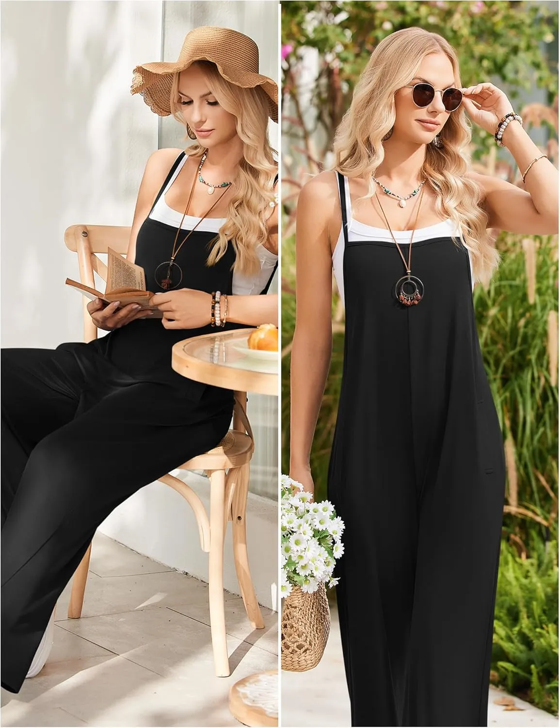 Ekouaer Womens Casual Sleeveless Jumpsuits Summer Boho Wide Leg Floral Rompers Overalls with Pockets