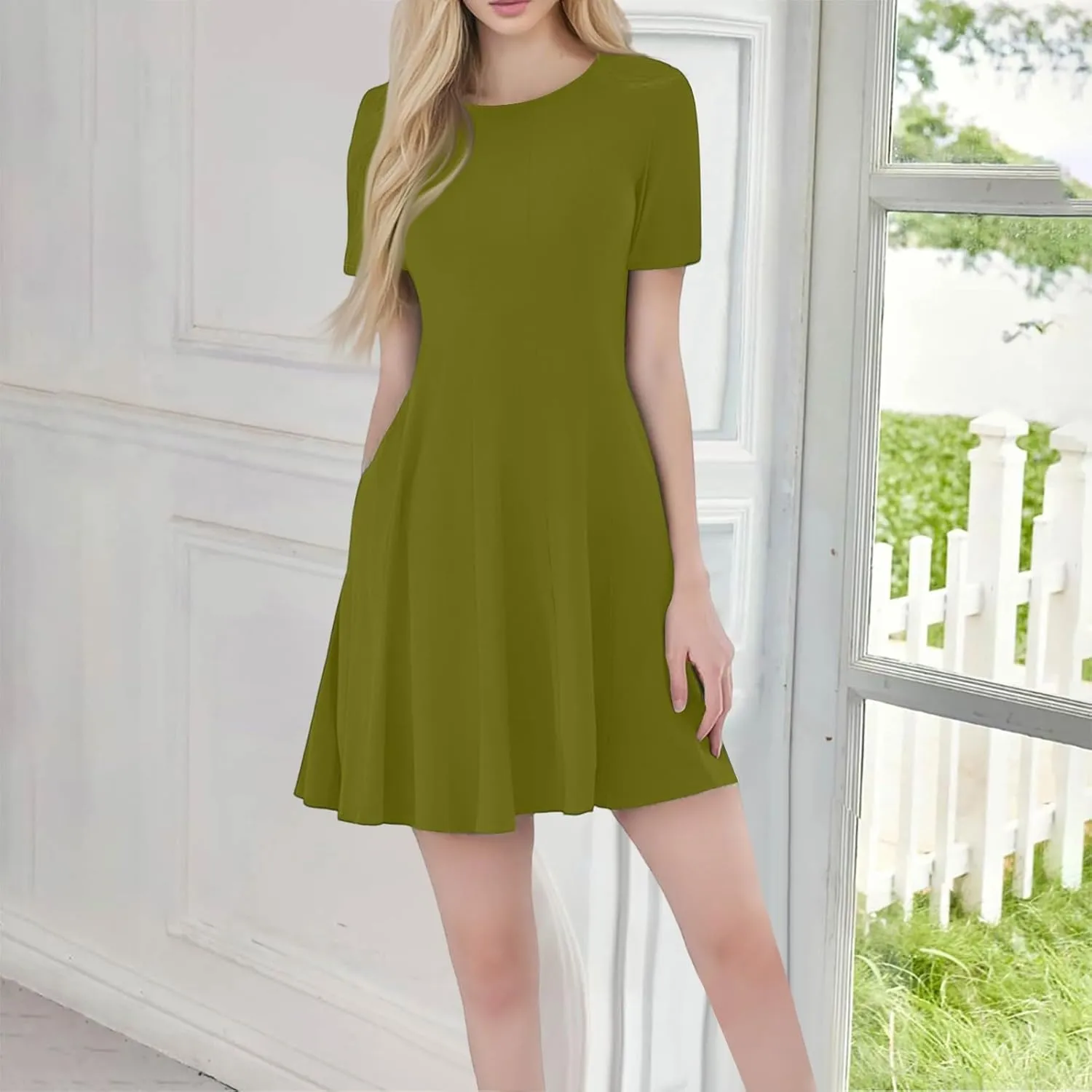 Empire Waist Dress for Women, Summer Tshirt Dresses Mini Short Sleeve Crewneck Vacation Short Dress with Pockets