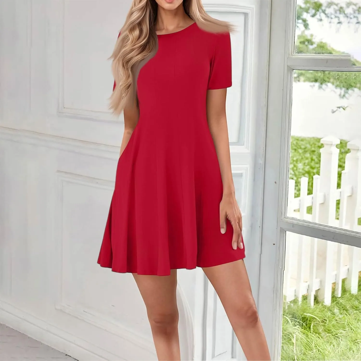 Empire Waist Dress for Women, Summer Tshirt Dresses Mini Short Sleeve Crewneck Vacation Short Dress with Pockets