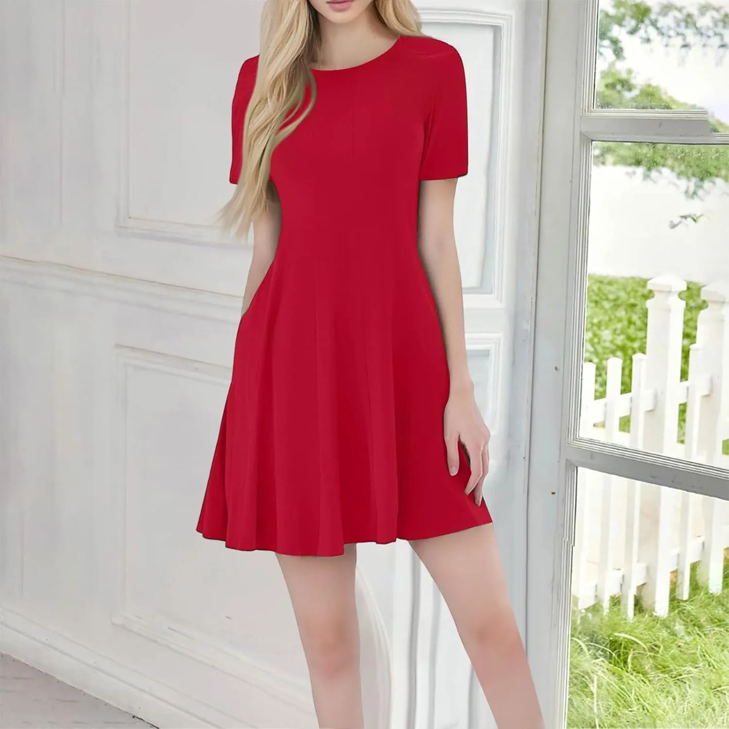 Empire Waist Dress for Women, Summer Tshirt Dresses Mini Short Sleeve Crewneck Vacation Short Dress with Pockets