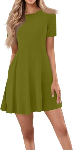 Empire Waist Dress for Women, Summer Tshirt Dresses Mini Short Sleeve Crewneck Vacation Short Dress with Pockets