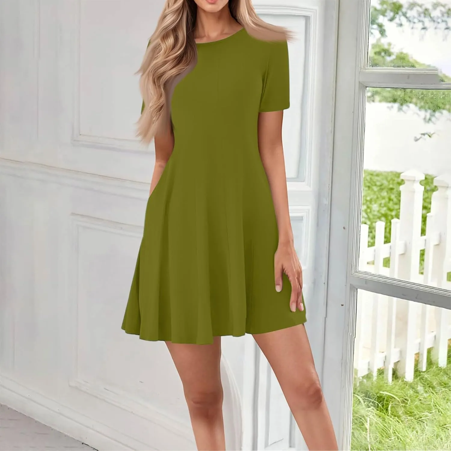 Empire Waist Dress for Women, Summer Tshirt Dresses Mini Short Sleeve Crewneck Vacation Short Dress with Pockets