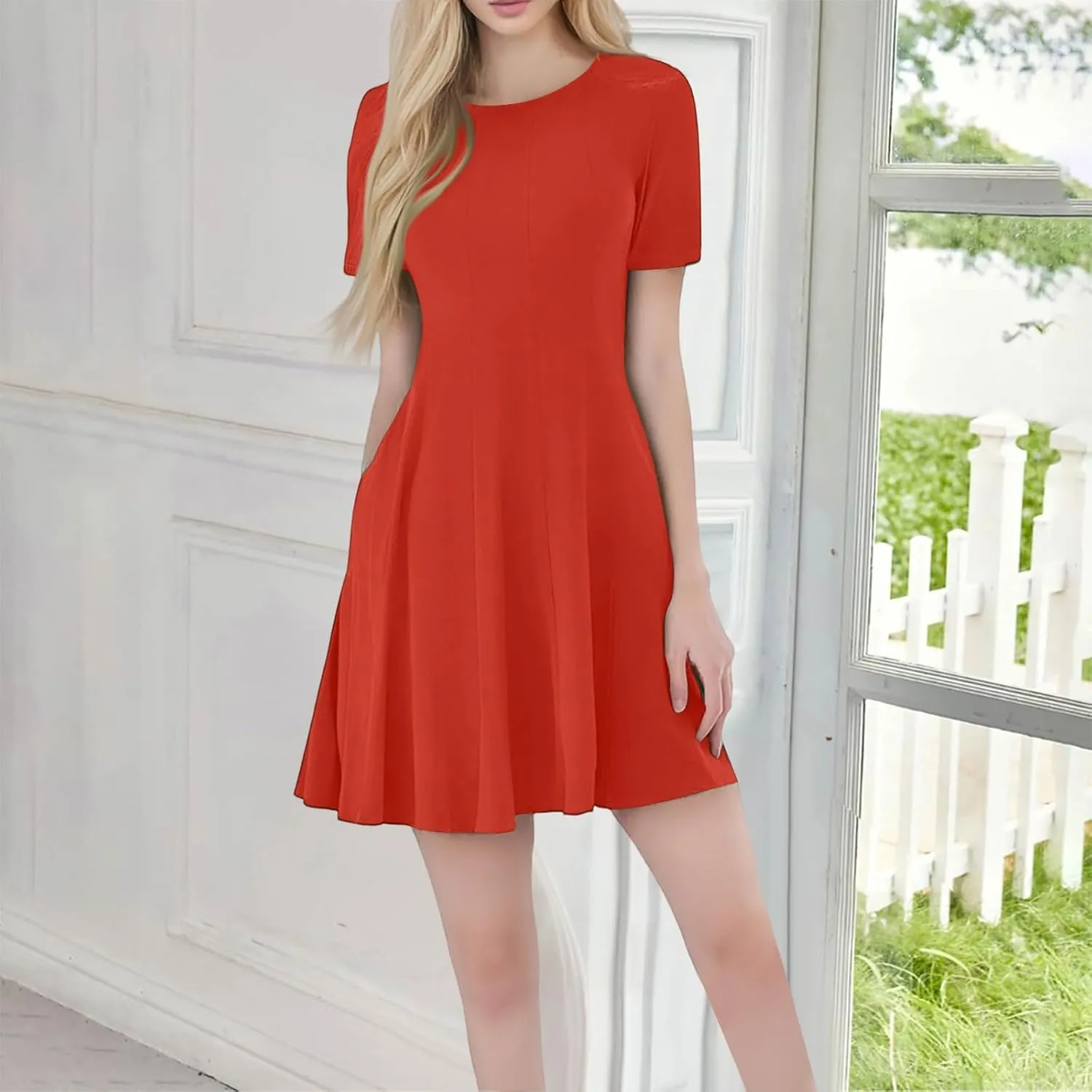 Empire Waist Dress for Women, Summer Tshirt Dresses Mini Short Sleeve Crewneck Vacation Short Dress with Pockets