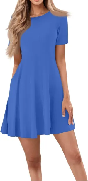 Empire Waist Dress for Women, Summer Tshirt Dresses Mini Short Sleeve Crewneck Vacation Short Dress with Pockets