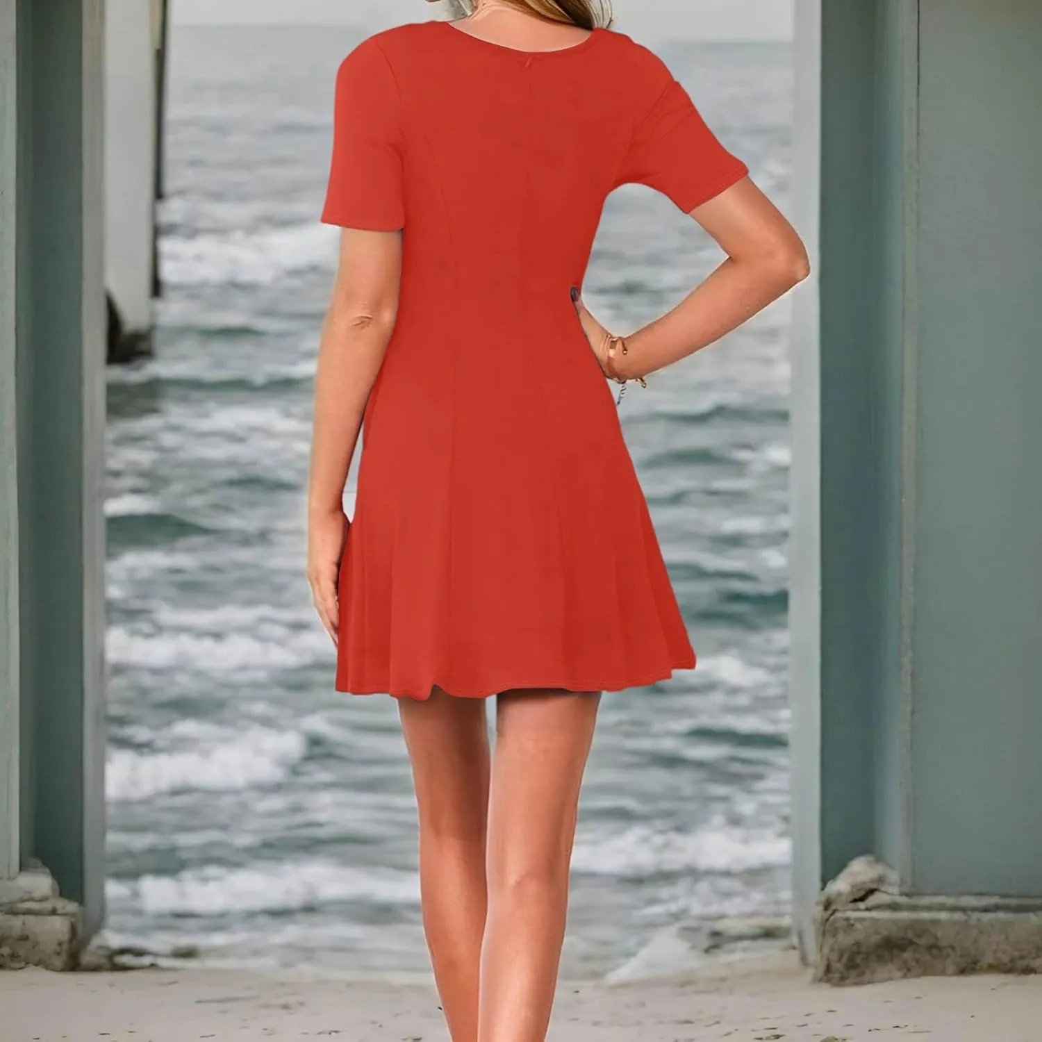 Empire Waist Dress for Women, Summer Tshirt Dresses Mini Short Sleeve Crewneck Vacation Short Dress with Pockets