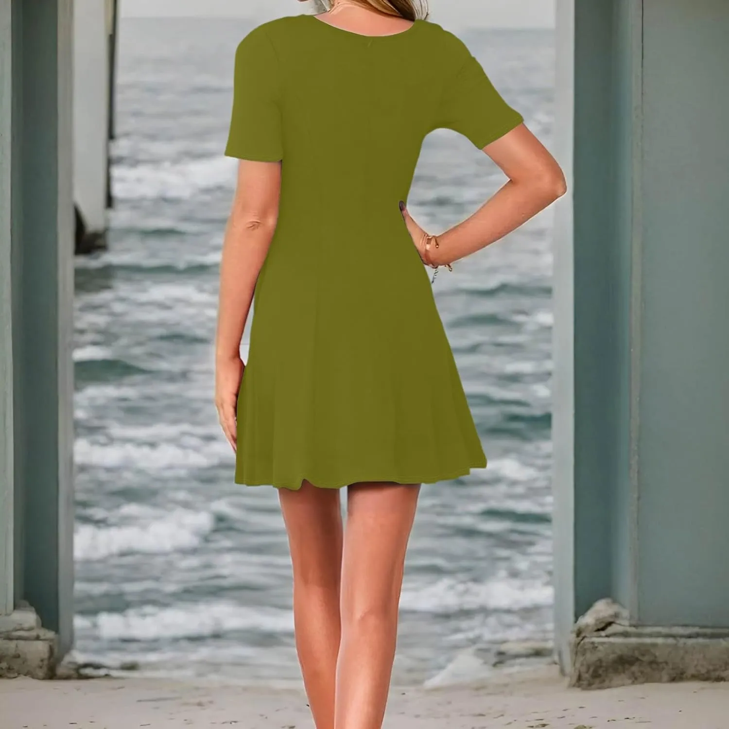 Empire Waist Dress for Women, Summer Tshirt Dresses Mini Short Sleeve Crewneck Vacation Short Dress with Pockets