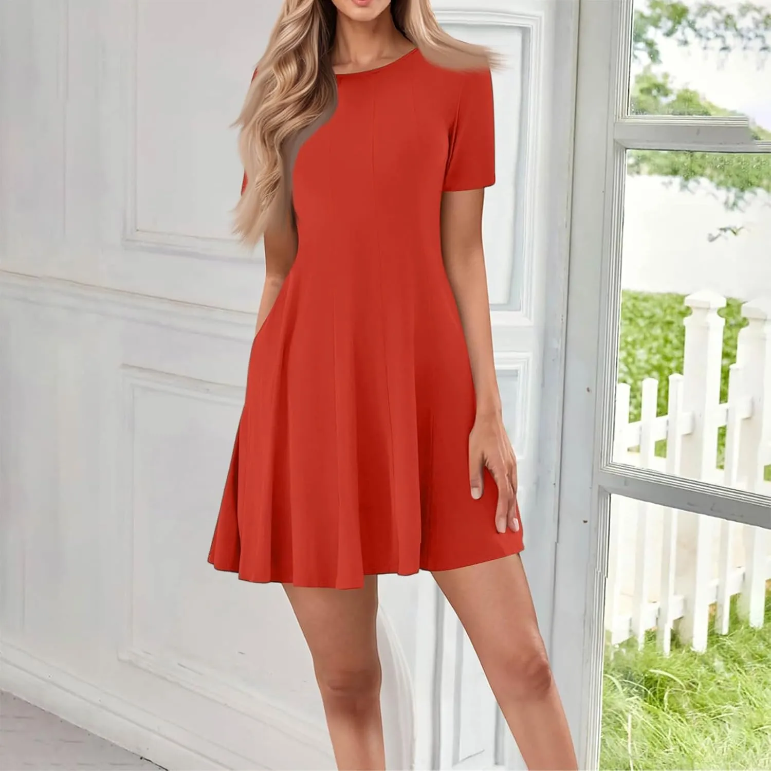 Empire Waist Dress for Women, Summer Tshirt Dresses Mini Short Sleeve Crewneck Vacation Short Dress with Pockets