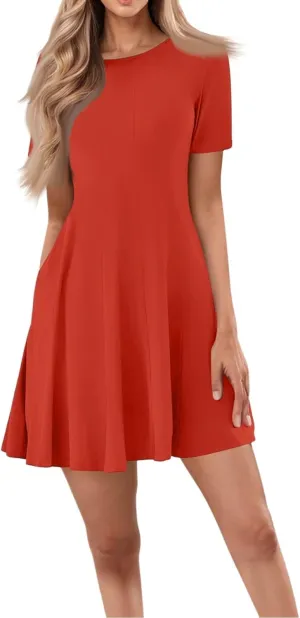 Empire Waist Dress for Women, Summer Tshirt Dresses Mini Short Sleeve Crewneck Vacation Short Dress with Pockets