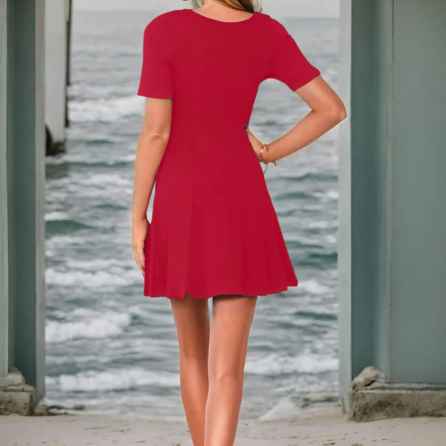 Empire Waist Dress for Women, Summer Tshirt Dresses Mini Short Sleeve Crewneck Vacation Short Dress with Pockets