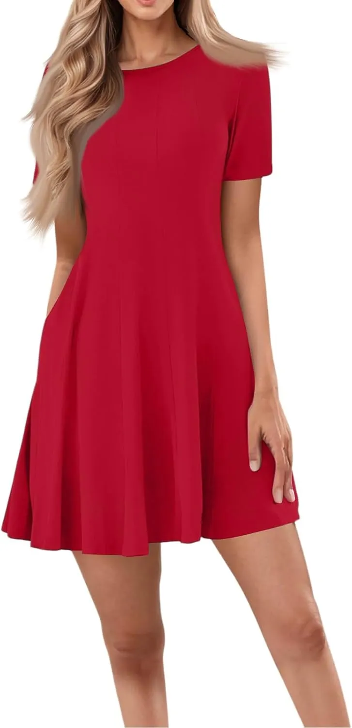 Empire Waist Dress for Women, Summer Tshirt Dresses Mini Short Sleeve Crewneck Vacation Short Dress with Pockets