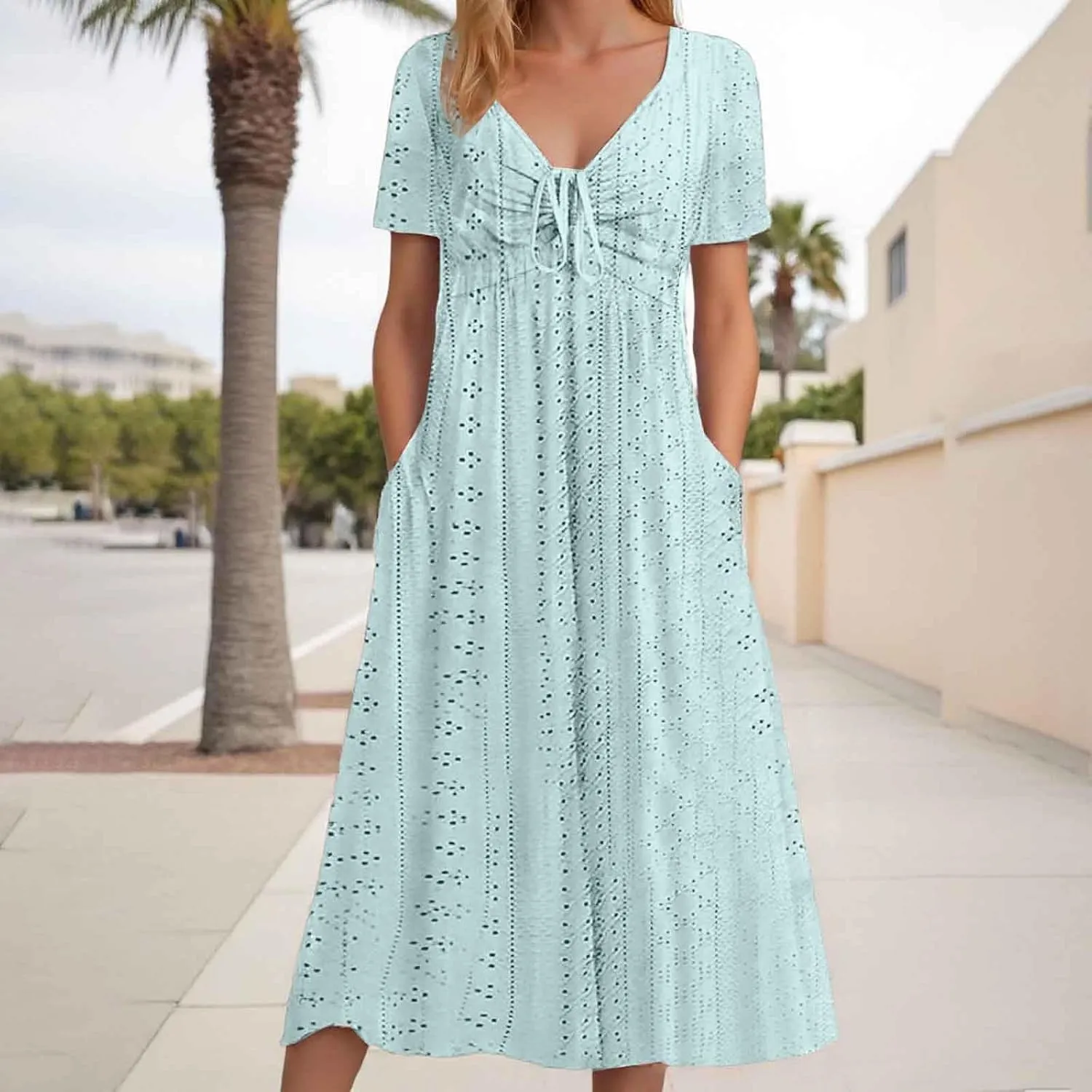 Eyelet Summer Dresses for Women Mini Casual Hollow Out Short Sleeve Lace Tiered Sundress V Neck Shift Dress with Pockets