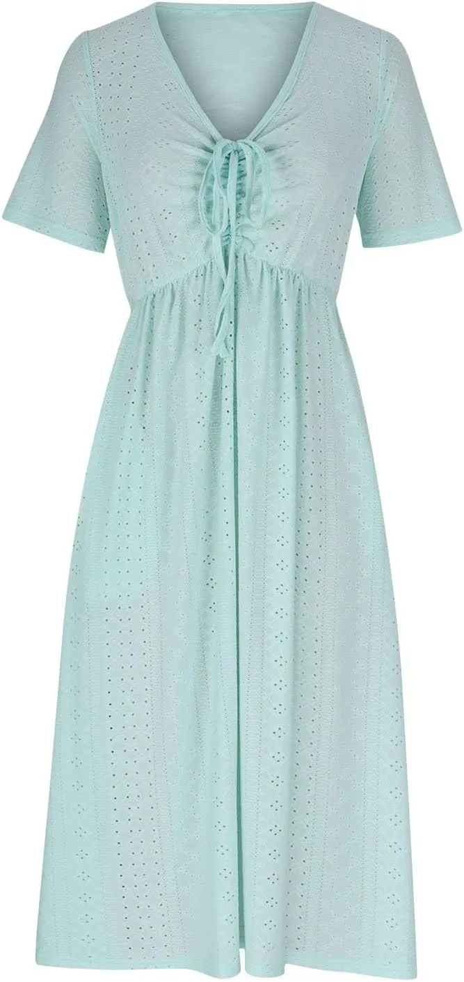 Eyelet Summer Dresses for Women Mini Casual Hollow Out Short Sleeve Lace Tiered Sundress V Neck Shift Dress with Pockets