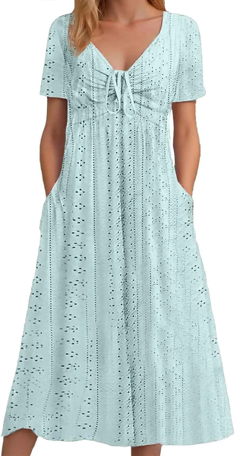 Eyelet Summer Dresses for Women Mini Casual Hollow Out Short Sleeve Lace Tiered Sundress V Neck Shift Dress with Pockets