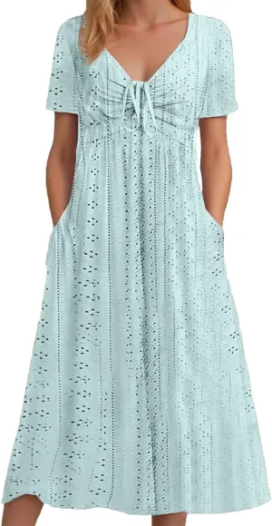 Eyelet Summer Dresses for Women Mini Casual Hollow Out Short Sleeve Lace Tiered Sundress V Neck Shift Dress with Pockets