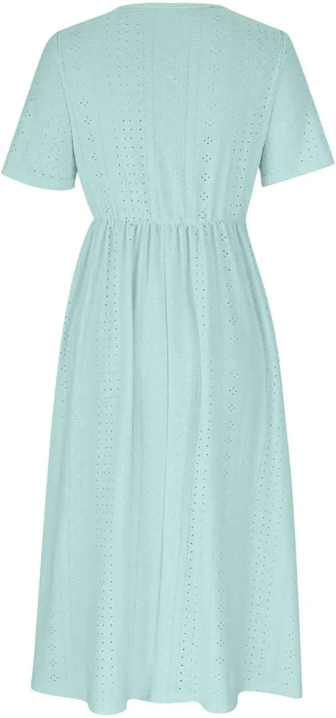 Eyelet Summer Dresses for Women Mini Casual Hollow Out Short Sleeve Lace Tiered Sundress V Neck Shift Dress with Pockets