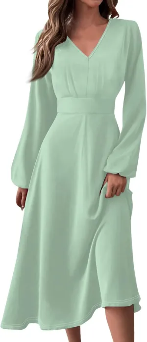 Fall Dresses for Women 2024 Long Sleeve Wrap V Neck Ruffle Belted A-Line Flowy Midi Dresses