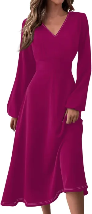Fall Dresses for Women 2024 Long Sleeve Wrap V Neck Ruffle Belted A-Line Flowy Midi Dresses