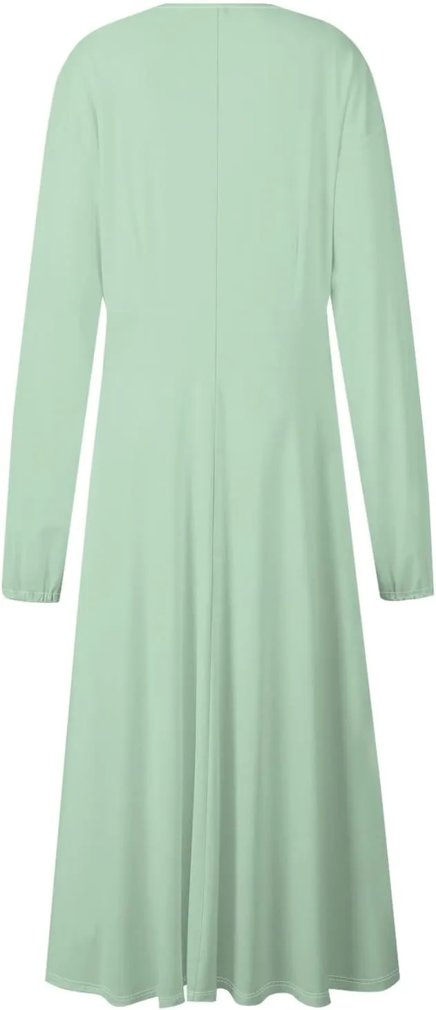 Fall Dresses for Women 2024 Long Sleeve Wrap V Neck Ruffle Belted A-Line Flowy Midi Dresses
