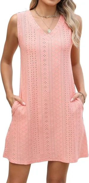 fanmpghleoo Eyelet Dress for Women Beach Sleeveless Shift Mini Dress Swim Batings Suits Cover Ups House Dresses with Pockets