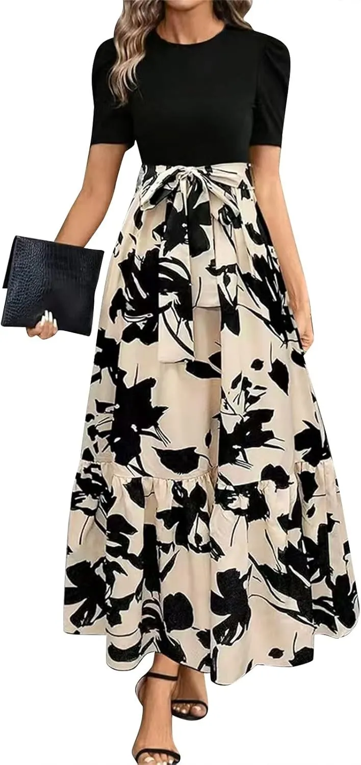 fanmpghleoo Summer Maxi Dresses for Women 2025 Short Sleeve Empire Waist Dress Flowy Beach Vacation Wrap A Line Midi Dresses