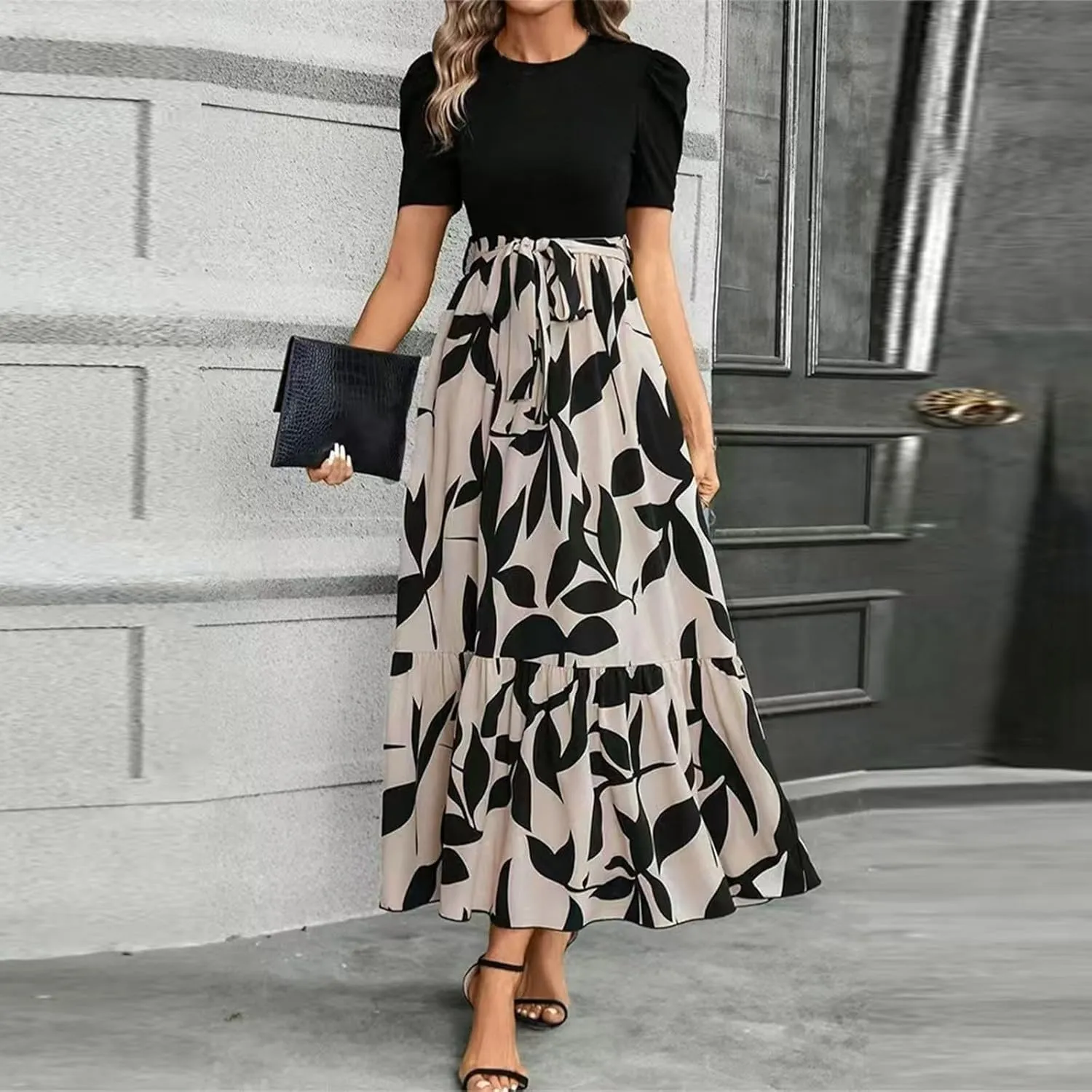 fanmpghleoo Summer Maxi Dresses for Women 2025 Short Sleeve Empire Waist Dress Flowy Beach Vacation Wrap A Line Midi Dresses