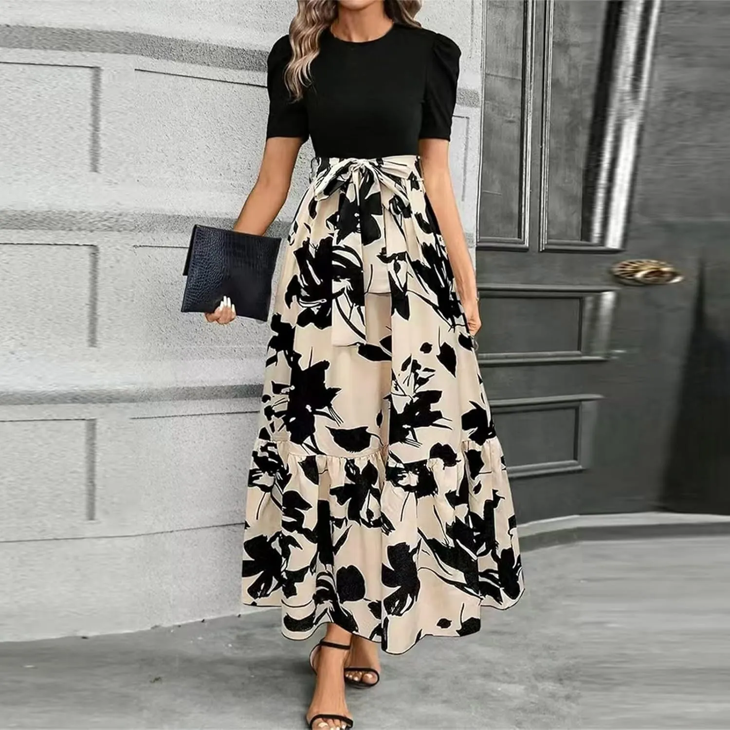 fanmpghleoo Summer Maxi Dresses for Women 2025 Short Sleeve Empire Waist Dress Flowy Beach Vacation Wrap A Line Midi Dresses