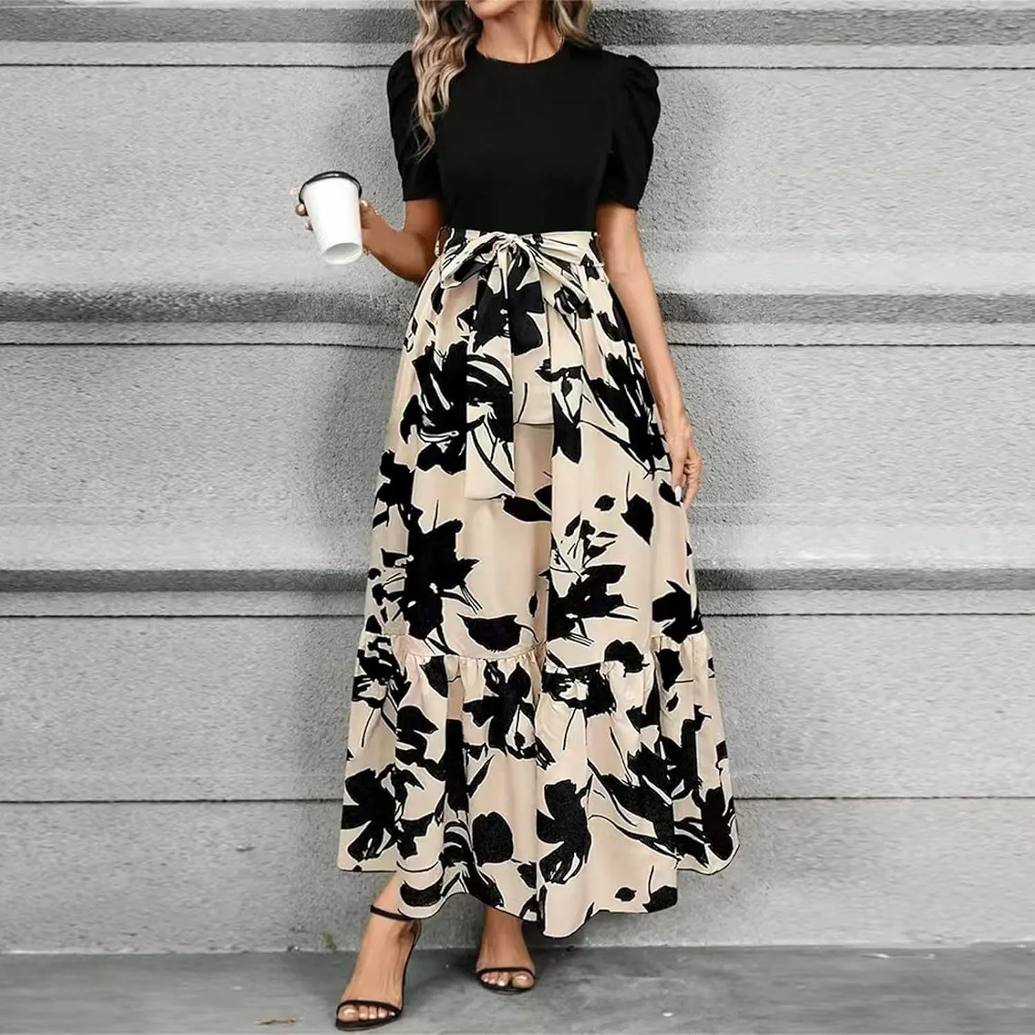 fanmpghleoo Summer Maxi Dresses for Women 2025 Short Sleeve Empire Waist Dress Flowy Beach Vacation Wrap A Line Midi Dresses