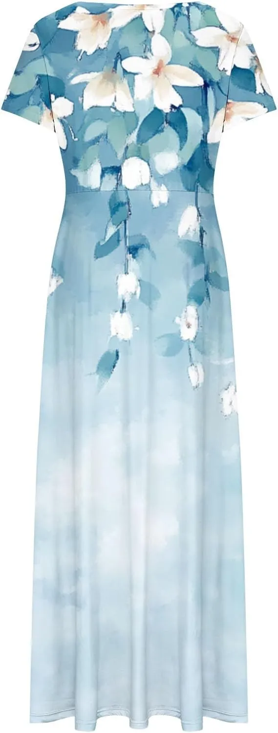 Fashion Floral Maxi Dress for Women 2025 Short Sleeve Round Neck Casual Summer Flowy Dresses with Pockets