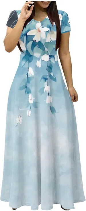 Fashion Floral Maxi Dress for Women 2025 Short Sleeve Round Neck Casual Summer Flowy Dresses with Pockets