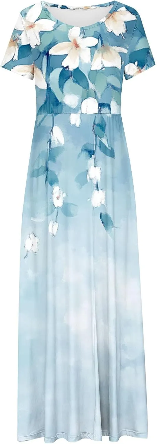 Fashion Floral Maxi Dress for Women 2025 Short Sleeve Round Neck Casual Summer Flowy Dresses with Pockets
