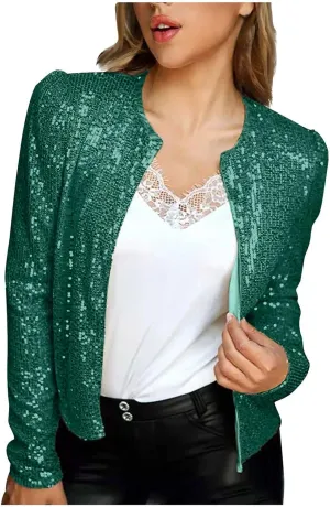 Fashion Sequin Jacket Women's Casual Party Elegant Sparkle Long Sleeve Jackets Glitter Front Zip Blazer Bomber Jacket