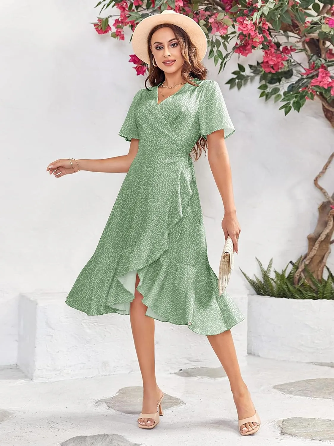 Febriajuce Women's Summer Wrap Maxi Dress Casual Boho Floral V Neck Short Sleeve Ruffle Hem Flowy Split Beach Long Dresses