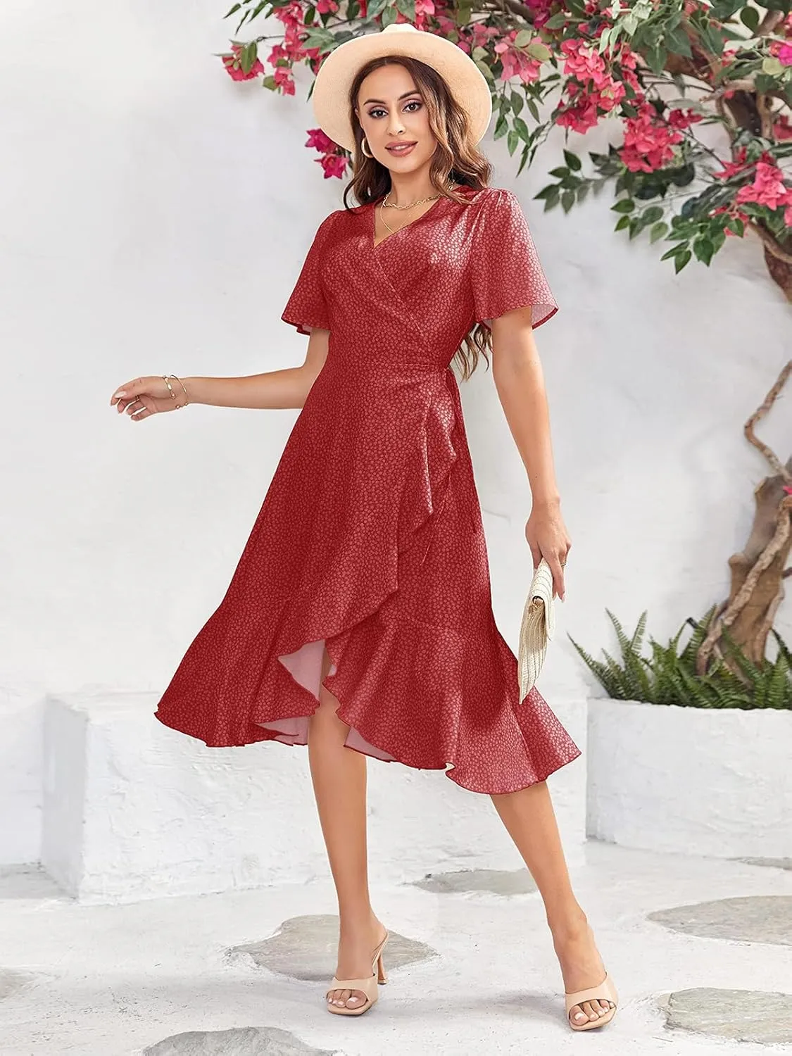 Febriajuce Women's Summer Wrap Maxi Dress Casual Boho Floral V Neck Short Sleeve Ruffle Hem Flowy Split Beach Long Dresses
