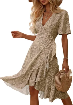 Febriajuce Women's Summer Wrap Maxi Dress Casual Boho Floral V Neck Short Sleeve Ruffle Hem Flowy Split Beach Long Dresses