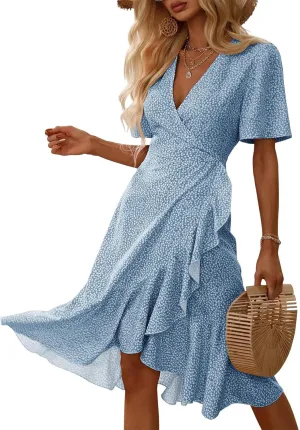 Febriajuce Women's Summer Wrap Maxi Dress Casual Boho Floral V Neck Short Sleeve Ruffle Hem Flowy Split Beach Long Dresses