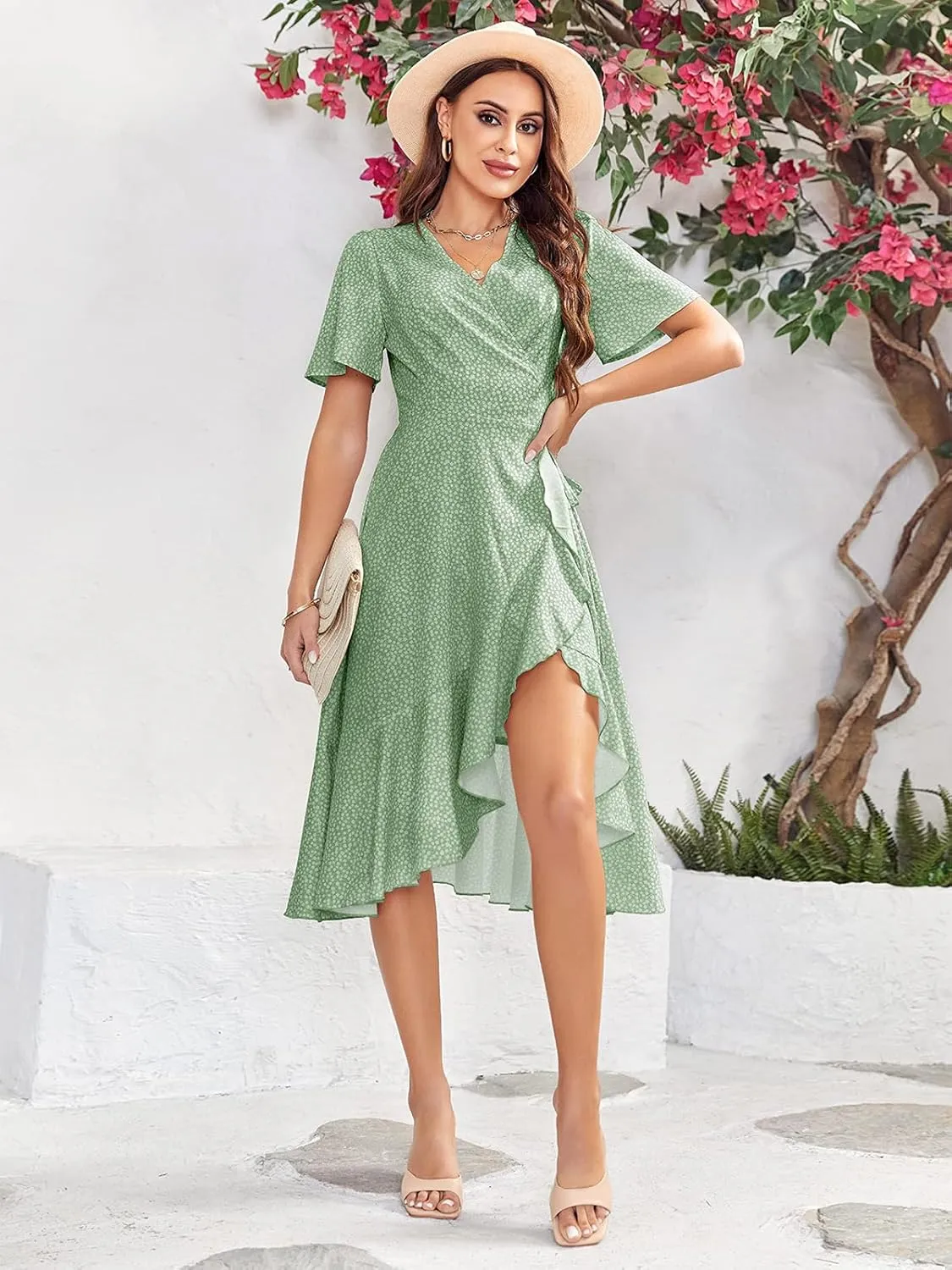 Febriajuce Women's Summer Wrap Maxi Dress Casual Boho Floral V Neck Short Sleeve Ruffle Hem Flowy Split Beach Long Dresses