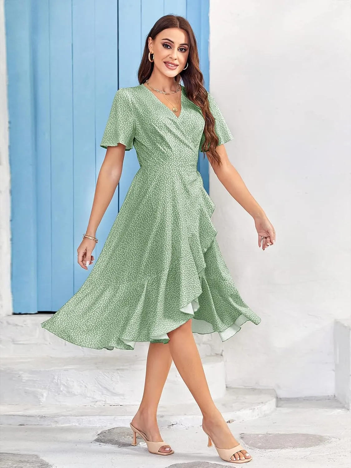 Febriajuce Women's Summer Wrap Maxi Dress Casual Boho Floral V Neck Short Sleeve Ruffle Hem Flowy Split Beach Long Dresses