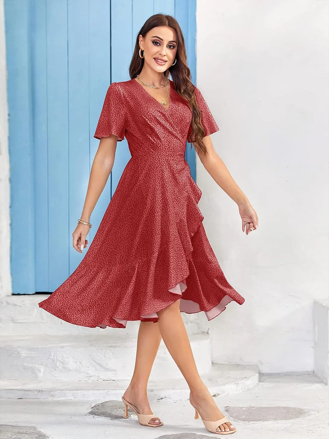 Febriajuce Women's Summer Wrap Maxi Dress Casual Boho Floral V Neck Short Sleeve Ruffle Hem Flowy Split Beach Long Dresses