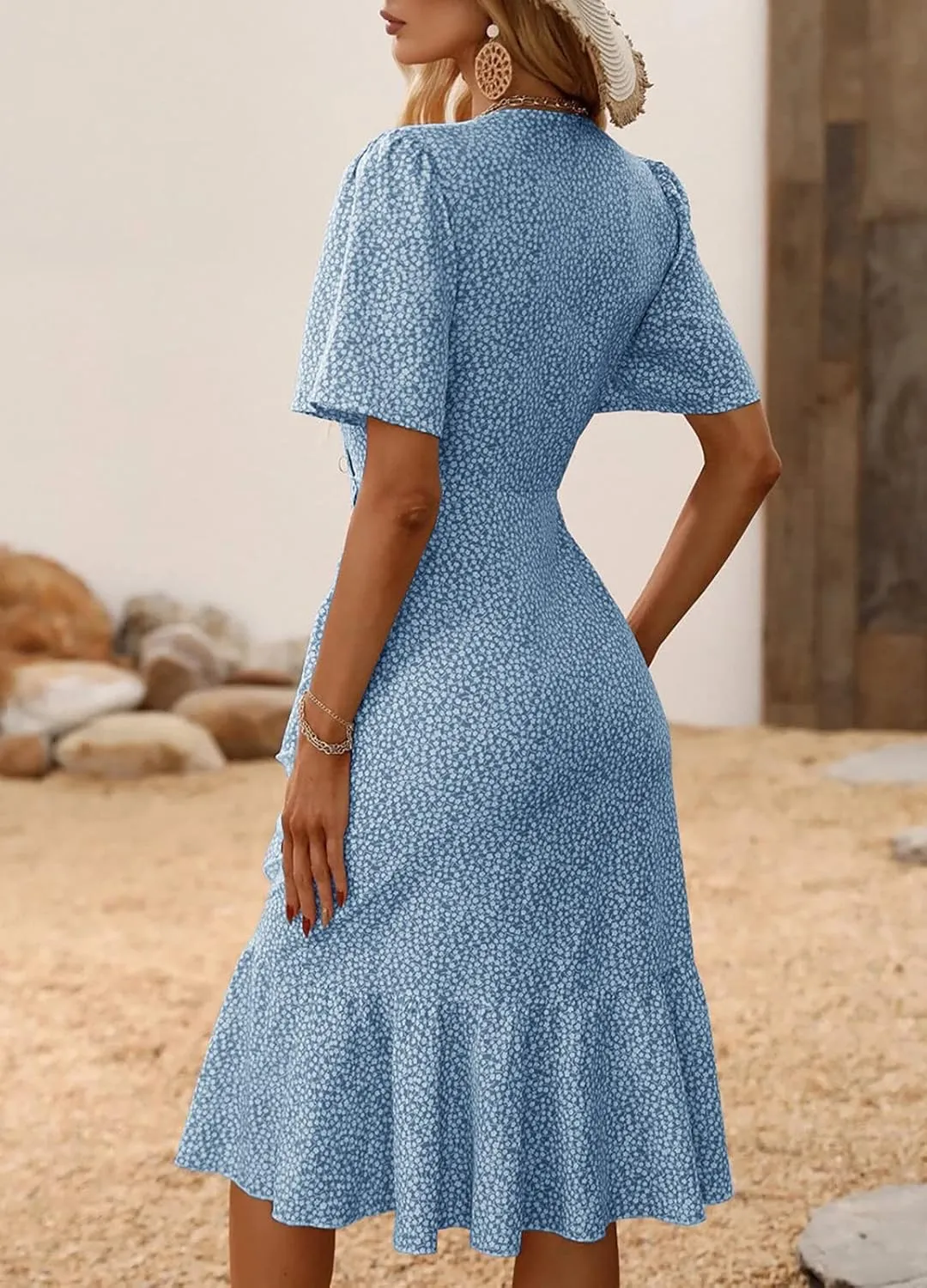 Febriajuce Women's Summer Wrap Maxi Dress Casual Boho Floral V Neck Short Sleeve Ruffle Hem Flowy Split Beach Long Dresses